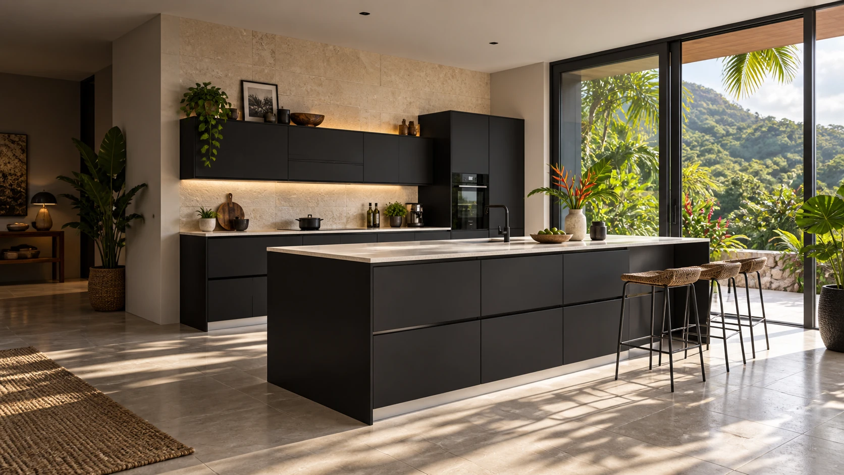 Ambiance de cuisine inspirée de la collection Black : façades noires mates, îlot et lumière tropicale